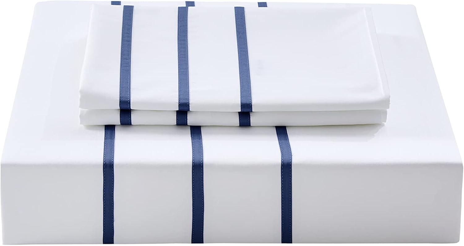 White Navy Stripe Cotton Sateen Full Duvet Set