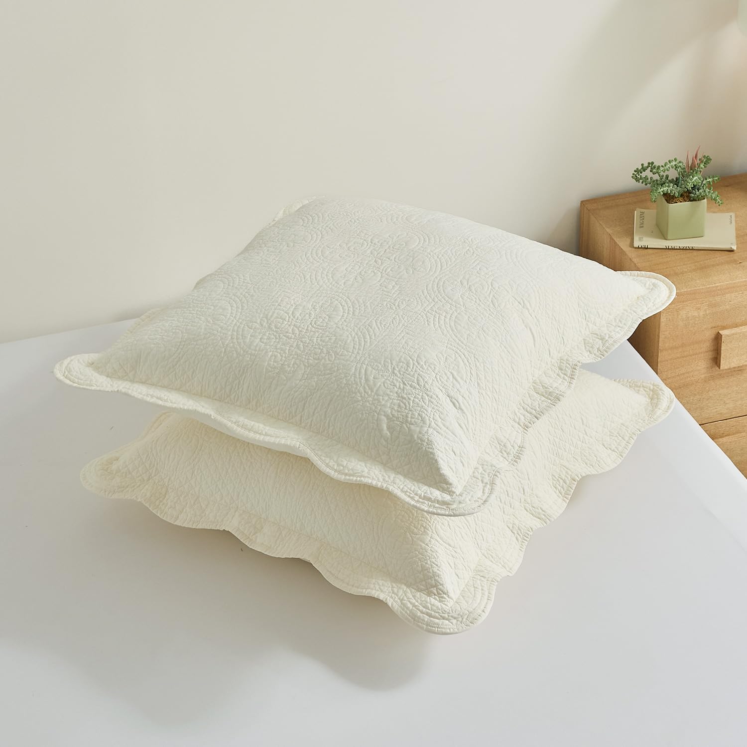 Ivory Damask Floral Embroidered King Pillow Shams Set