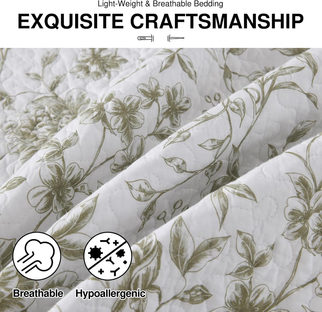 Sage Green White Botanical Oversized Queen Quilt Set