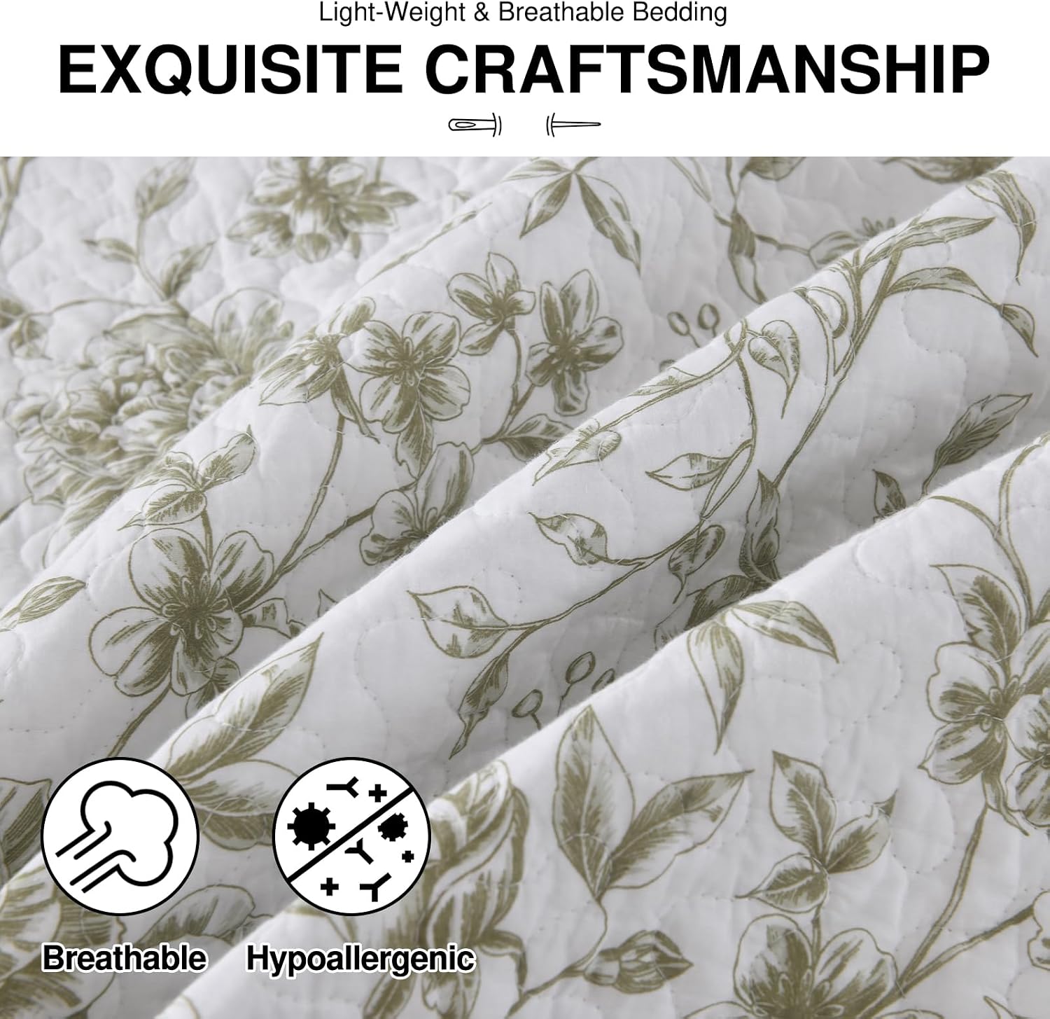 Sage Green White Botanical Oversized Queen Quilt Set