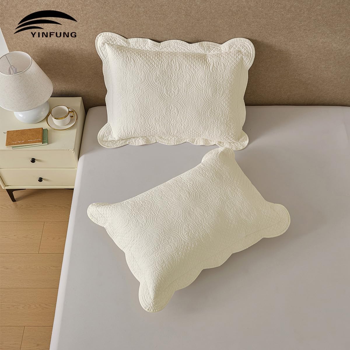 Ivory Damask Floral Embroidered King Pillow Shams Set