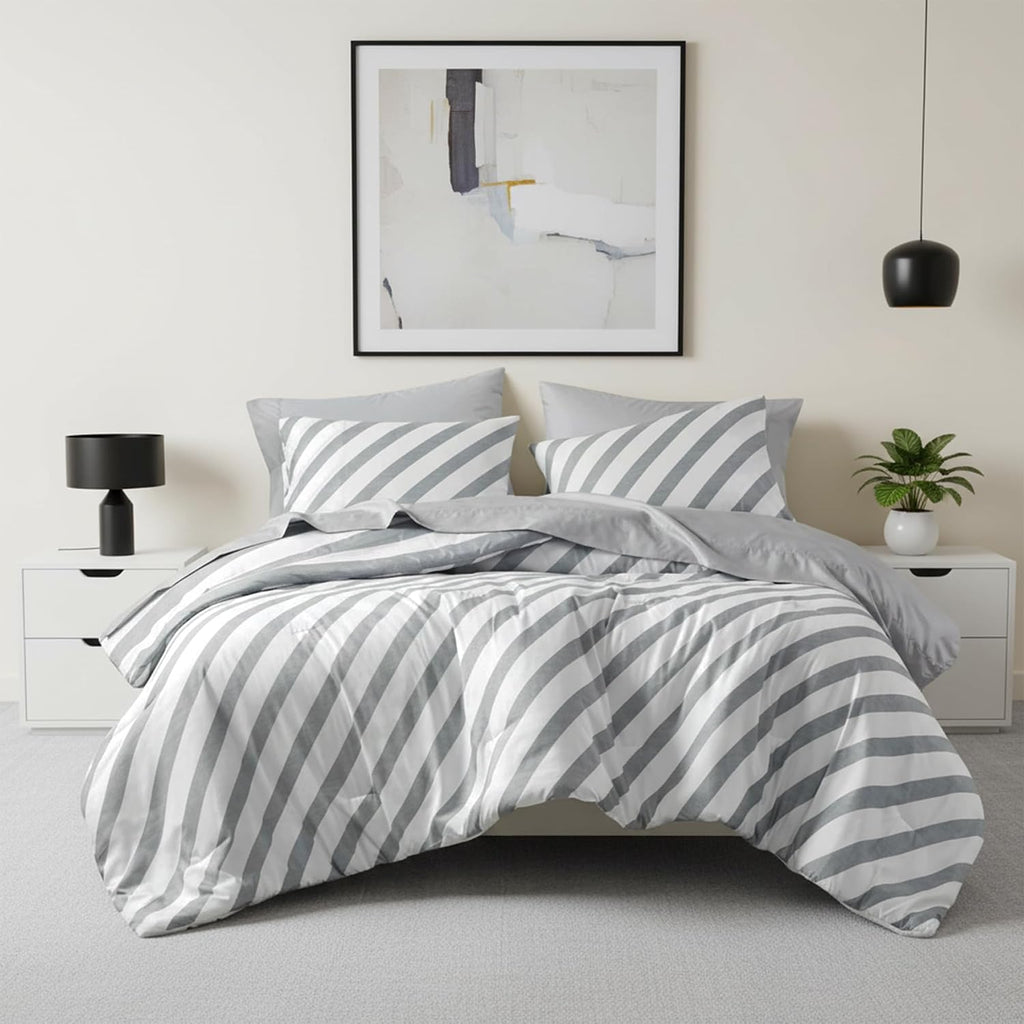 Grey Double-Sided Striped 7-Piece Queen Bed in a Bag Comforter Set