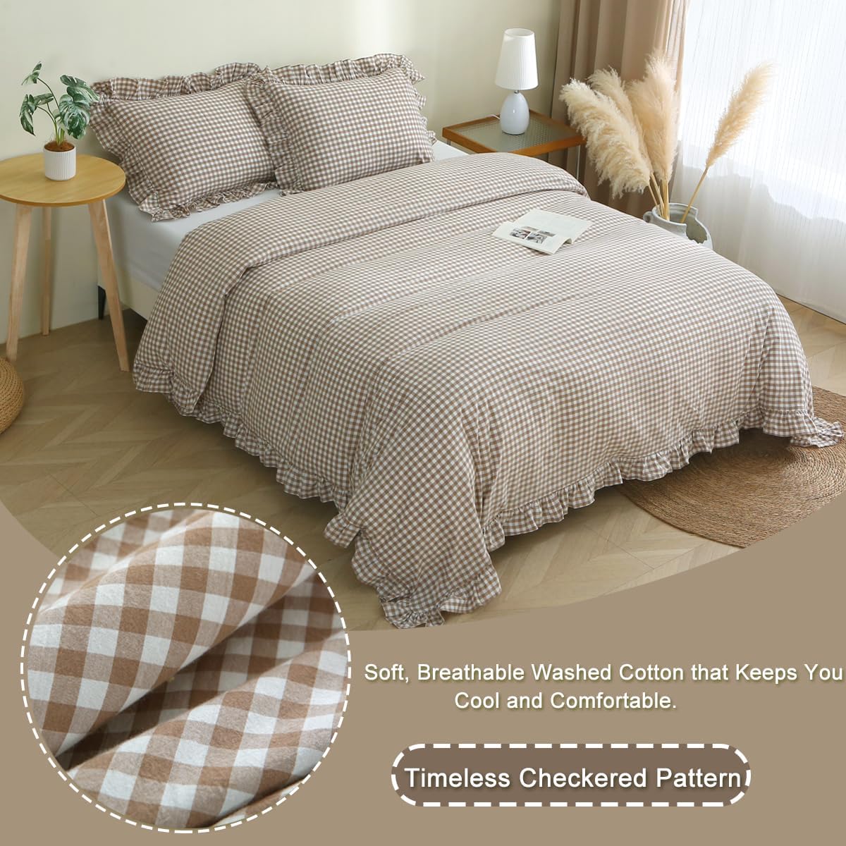 Taupe White Ruffle Gingham King Duvet Set
