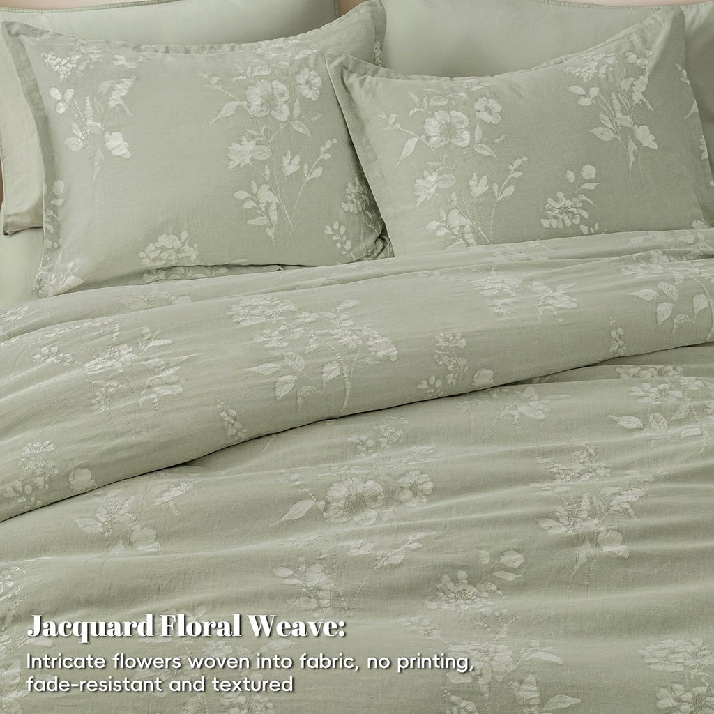 Dusty Sage Floral Jacquard Washed Cotton King Duvet Set