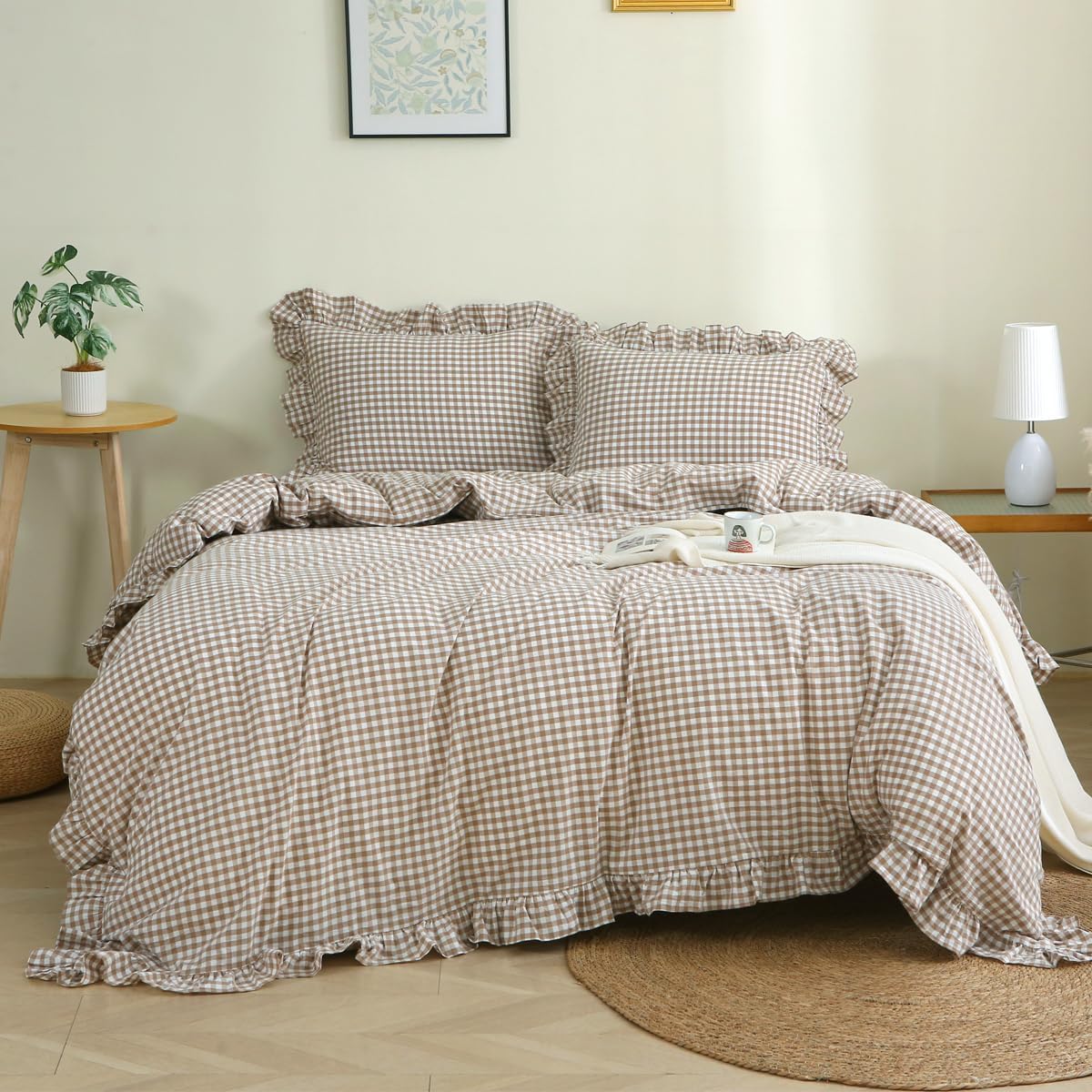 Taupe White Ruffle Gingham King Duvet Set