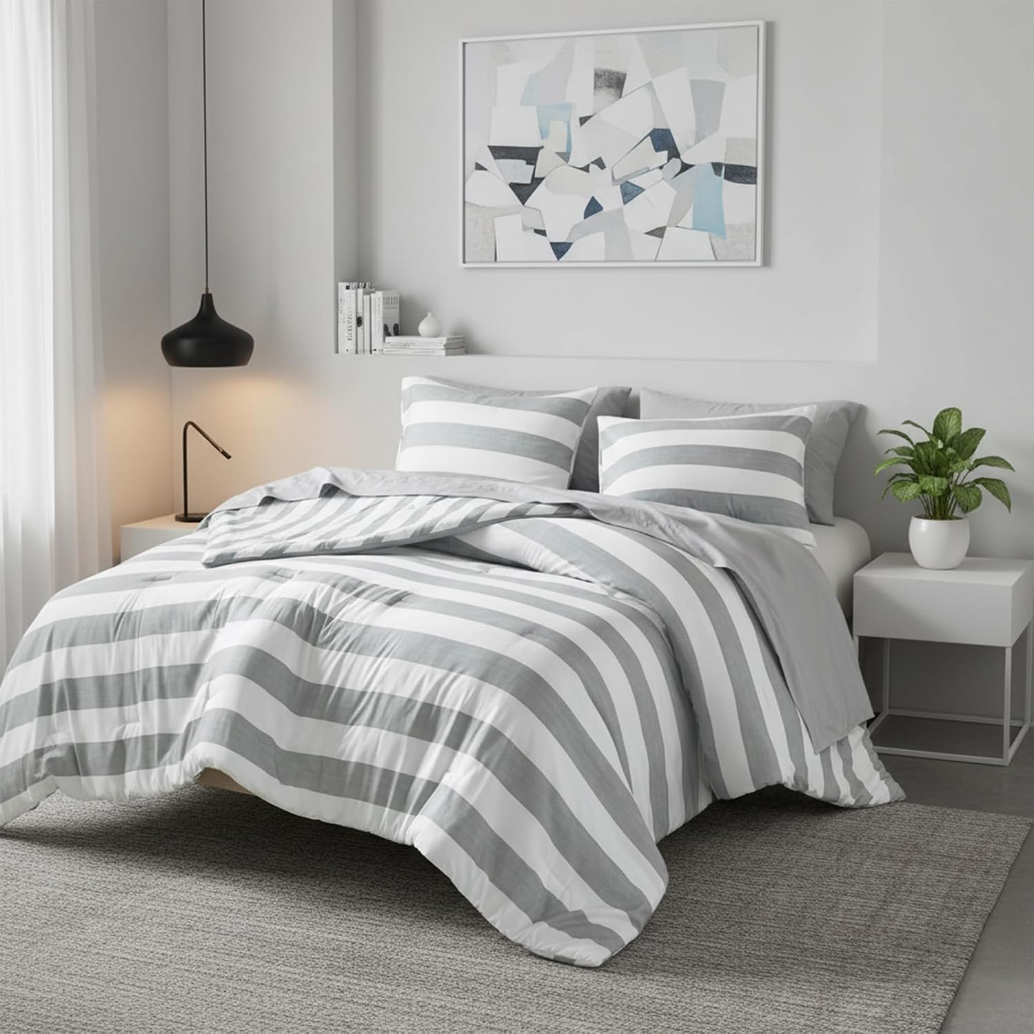 Grey Double-Sided Striped 7-Piece Queen Bed in a Bag Comforter Set