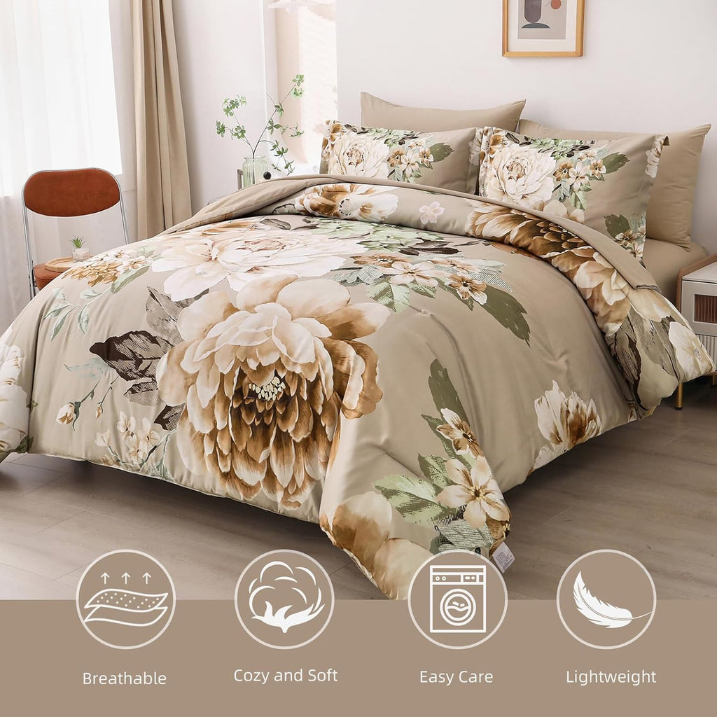 Khaki Floral 7-Piece Queen Bed in a Bag Comforter Set
