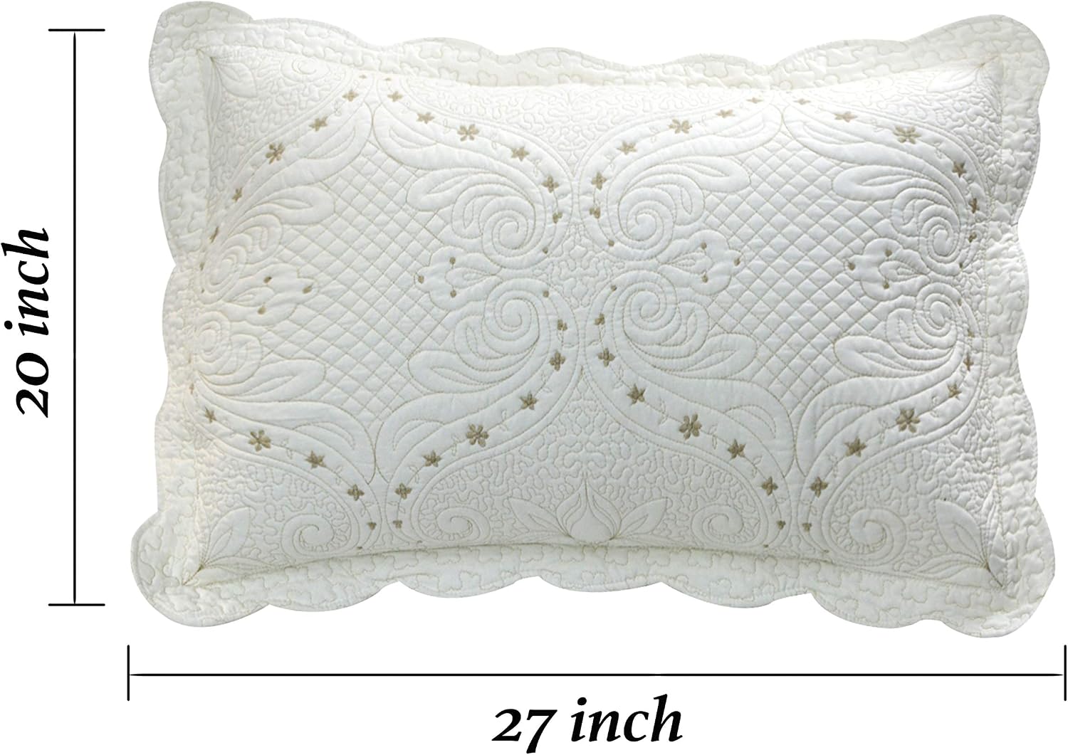 Cream White Vintage Embroidered Quilted Standard Pillow Shams Set of 2