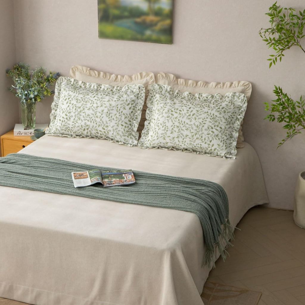 Olive Green Ruffled Leaf Print Linen Pillow Shams Set