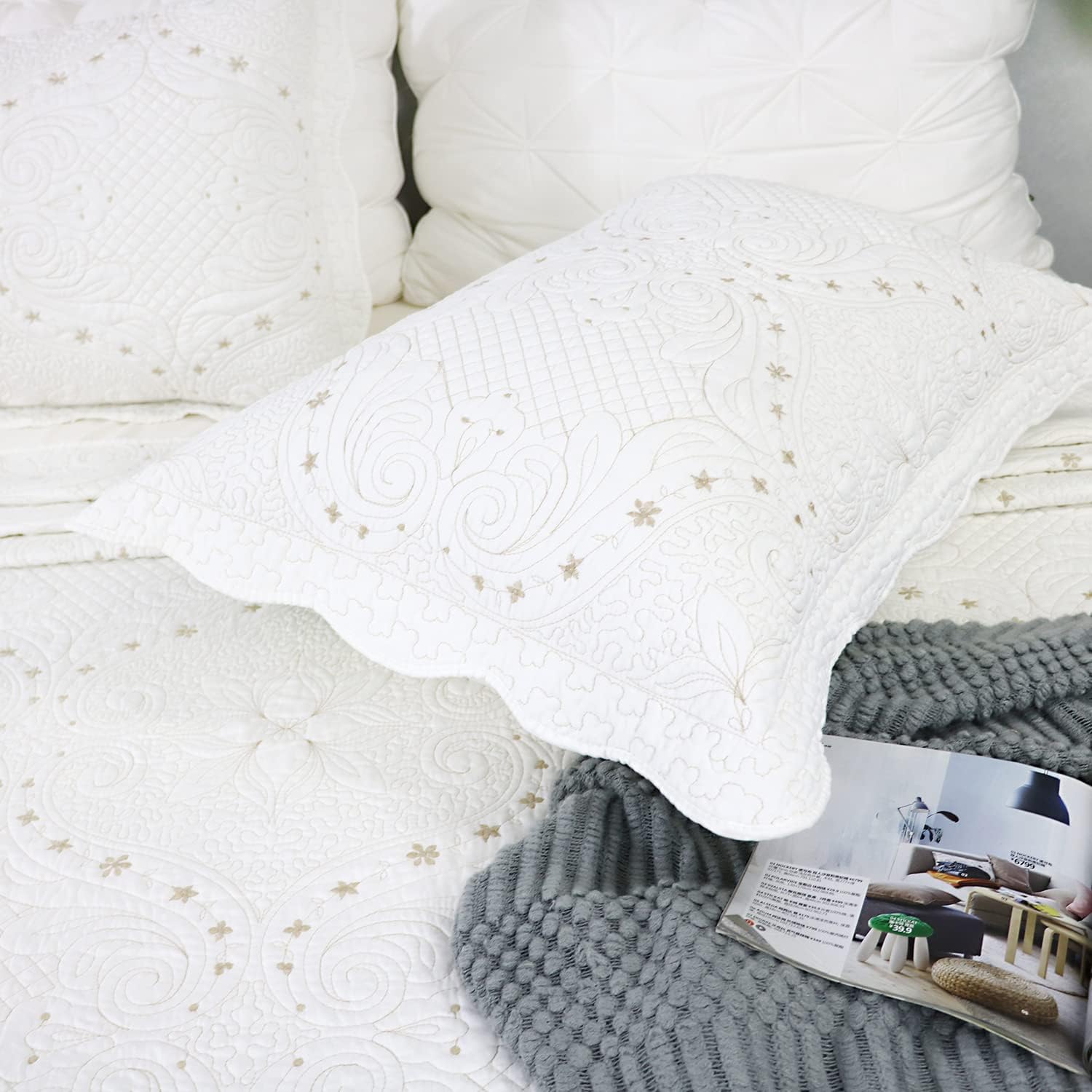 Cream White Vintage Embroidered Quilted Standard Pillow Shams Set of 2