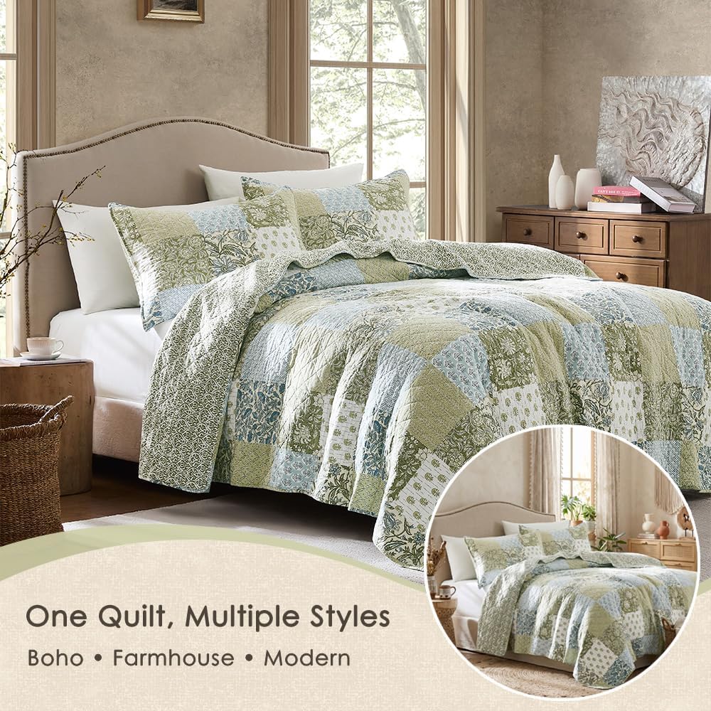 Green Floral Patchwork Queen Cotton Quilt Set