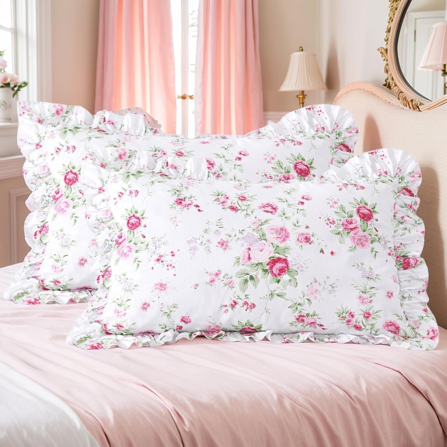Shabby Pink Rose Lace Ruffled King Pillow Shams Set