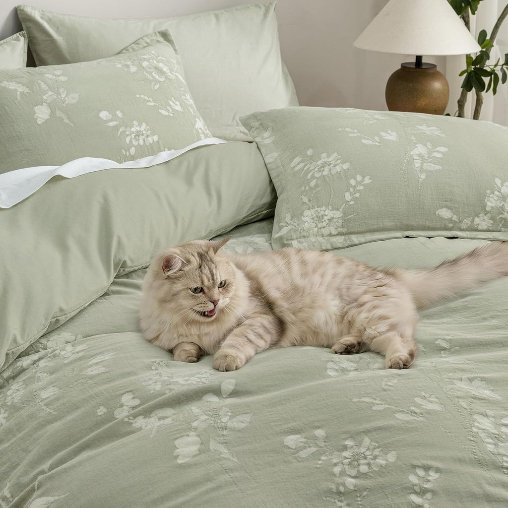 Dusty Sage Floral Jacquard Washed Cotton King Duvet Set