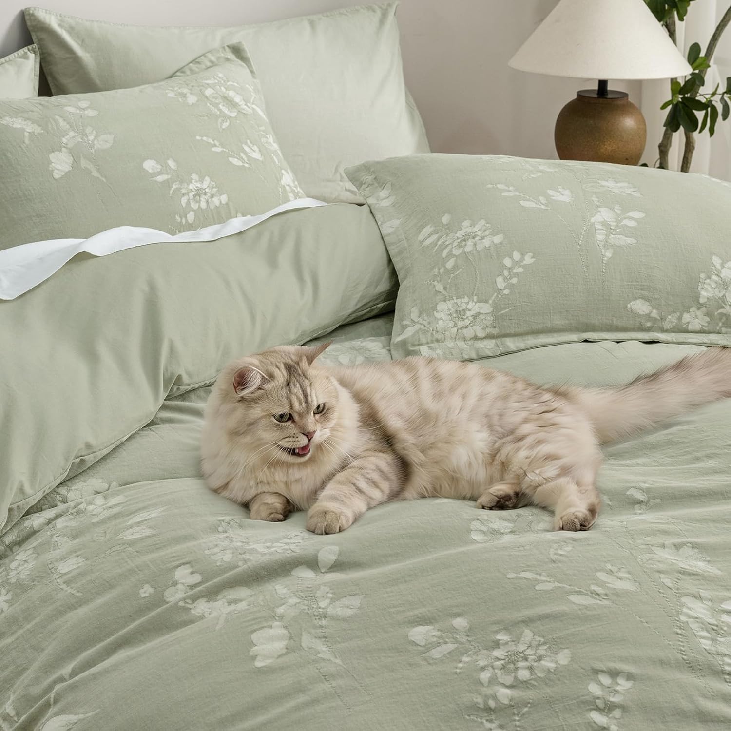 Dusty Sage Floral Jacquard Washed Cotton King Duvet Set