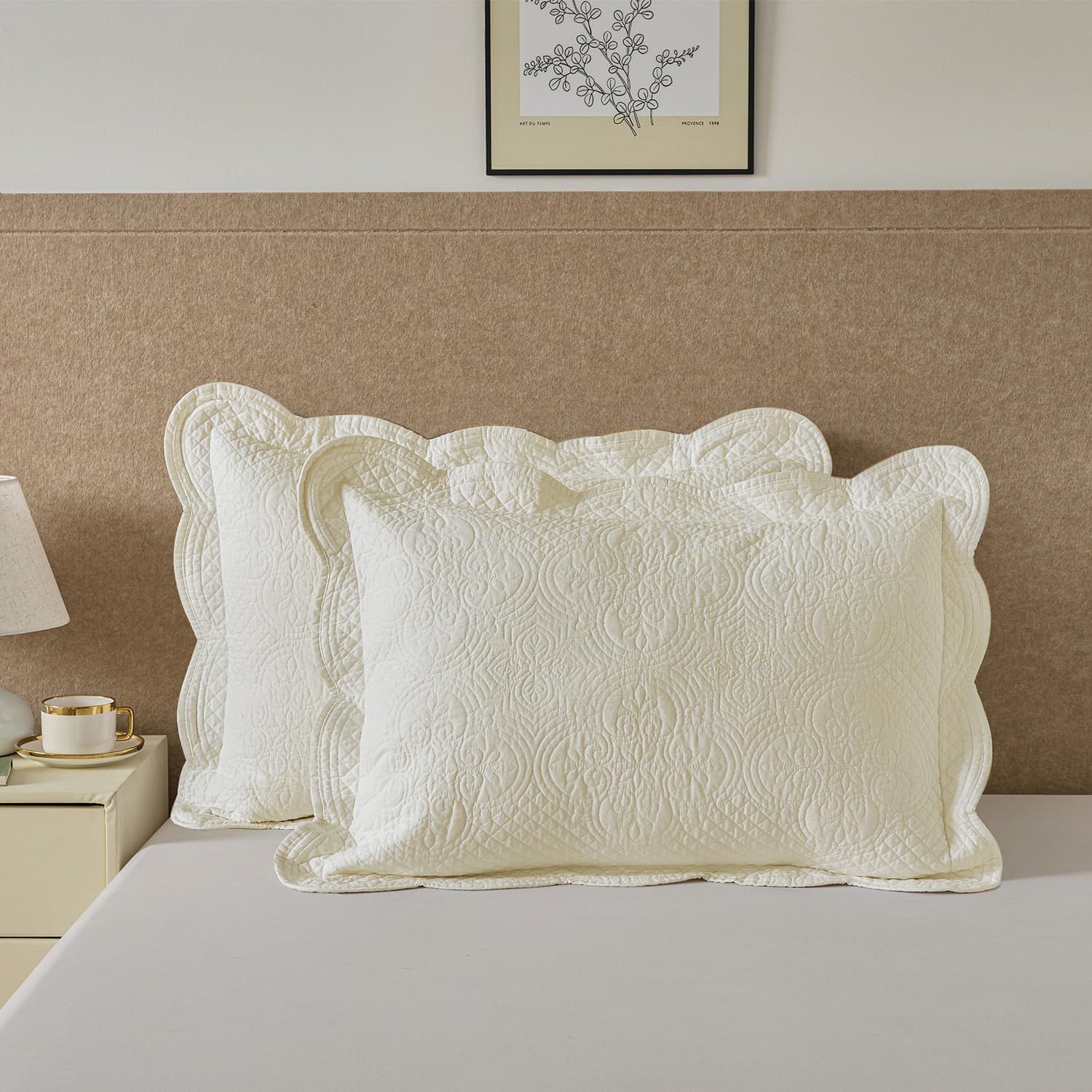 Ivory Damask Floral Embroidered King Pillow Shams Set