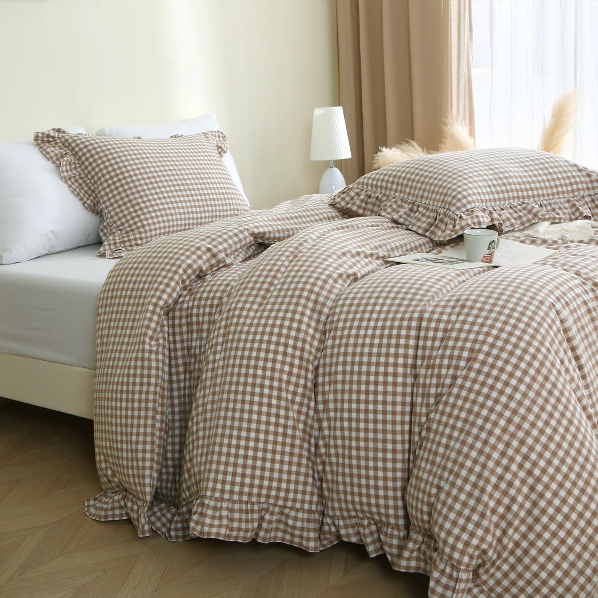Taupe White Ruffle Gingham King Duvet Set