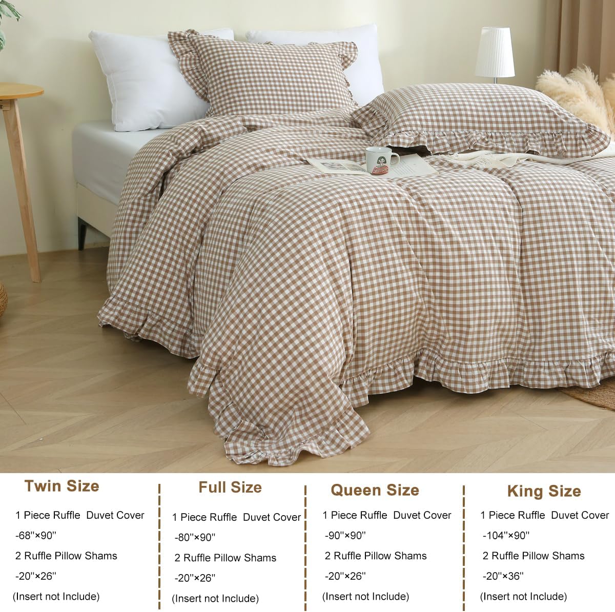Taupe White Ruffle Gingham King Duvet Set