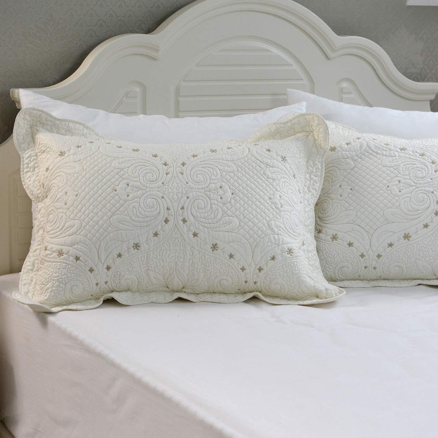 Cream White Vintage Embroidered Quilted Standard Pillow Shams Set of 2