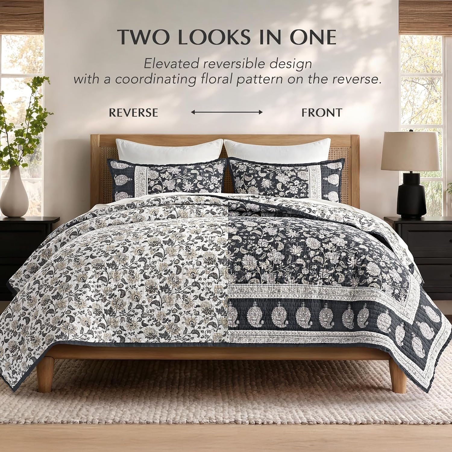 Charcoal Floral Queen Cotton Quilt Set