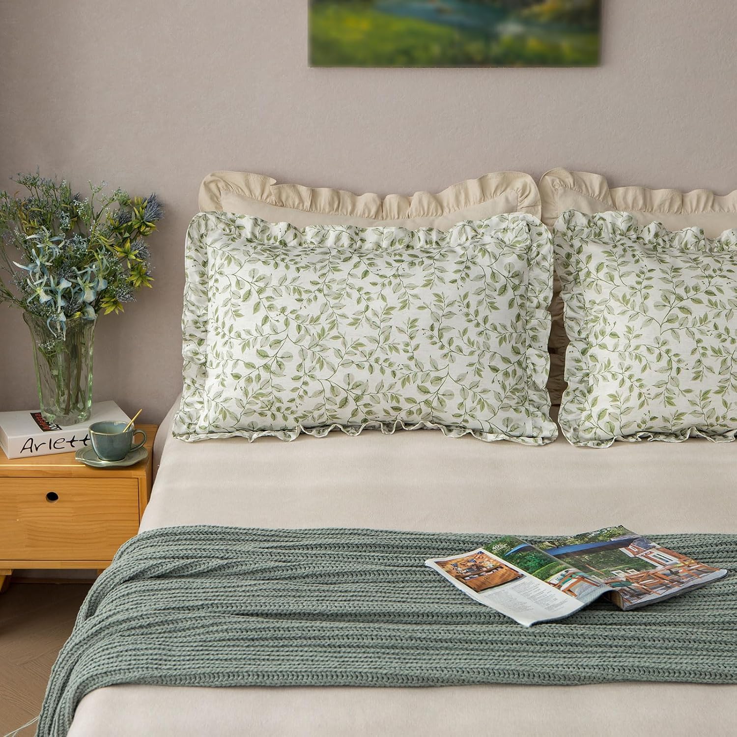 Olive Green Ruffled Leaf Print Linen Pillow Shams Set