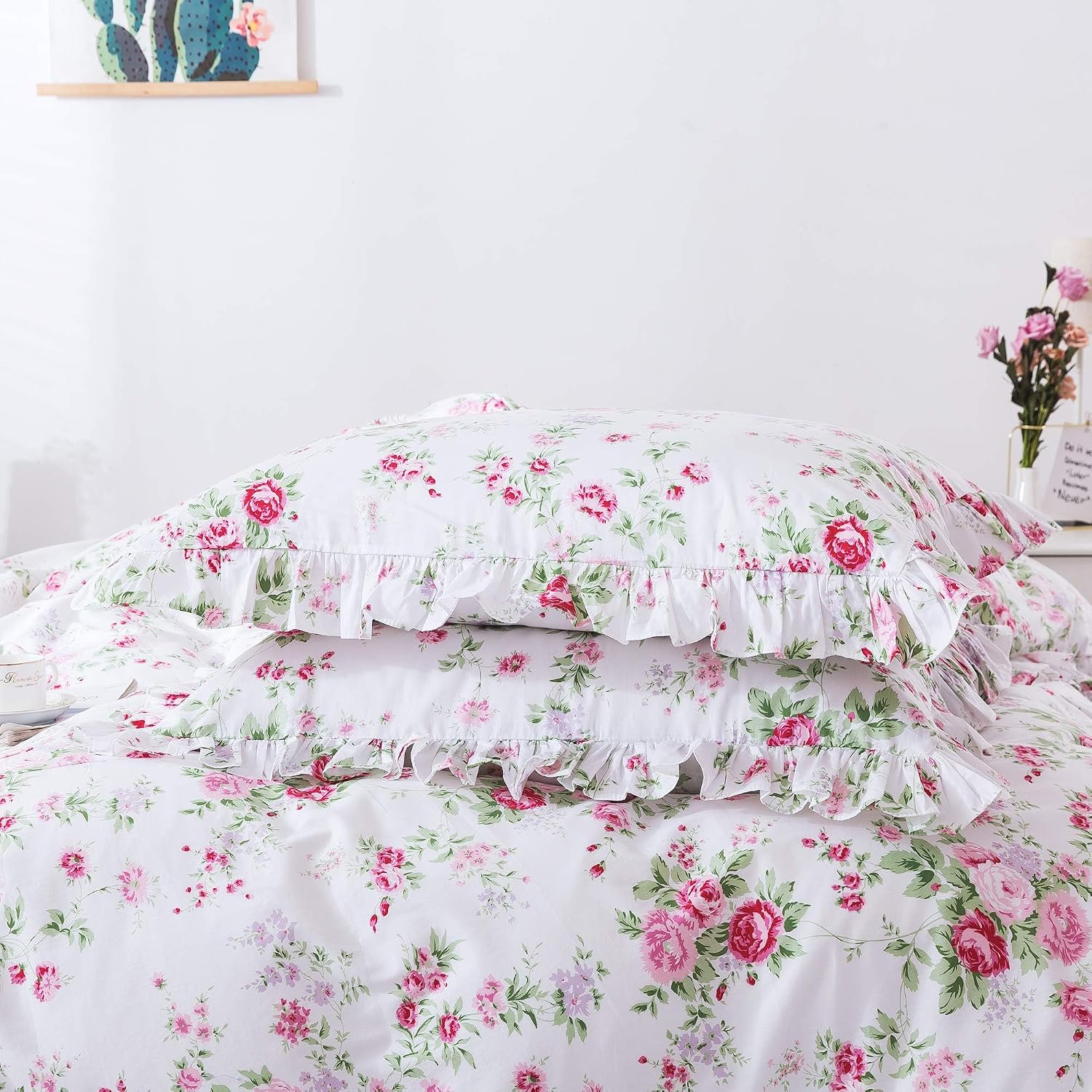 Shabby Pink Rose Lace Ruffled King Pillow Shams Set