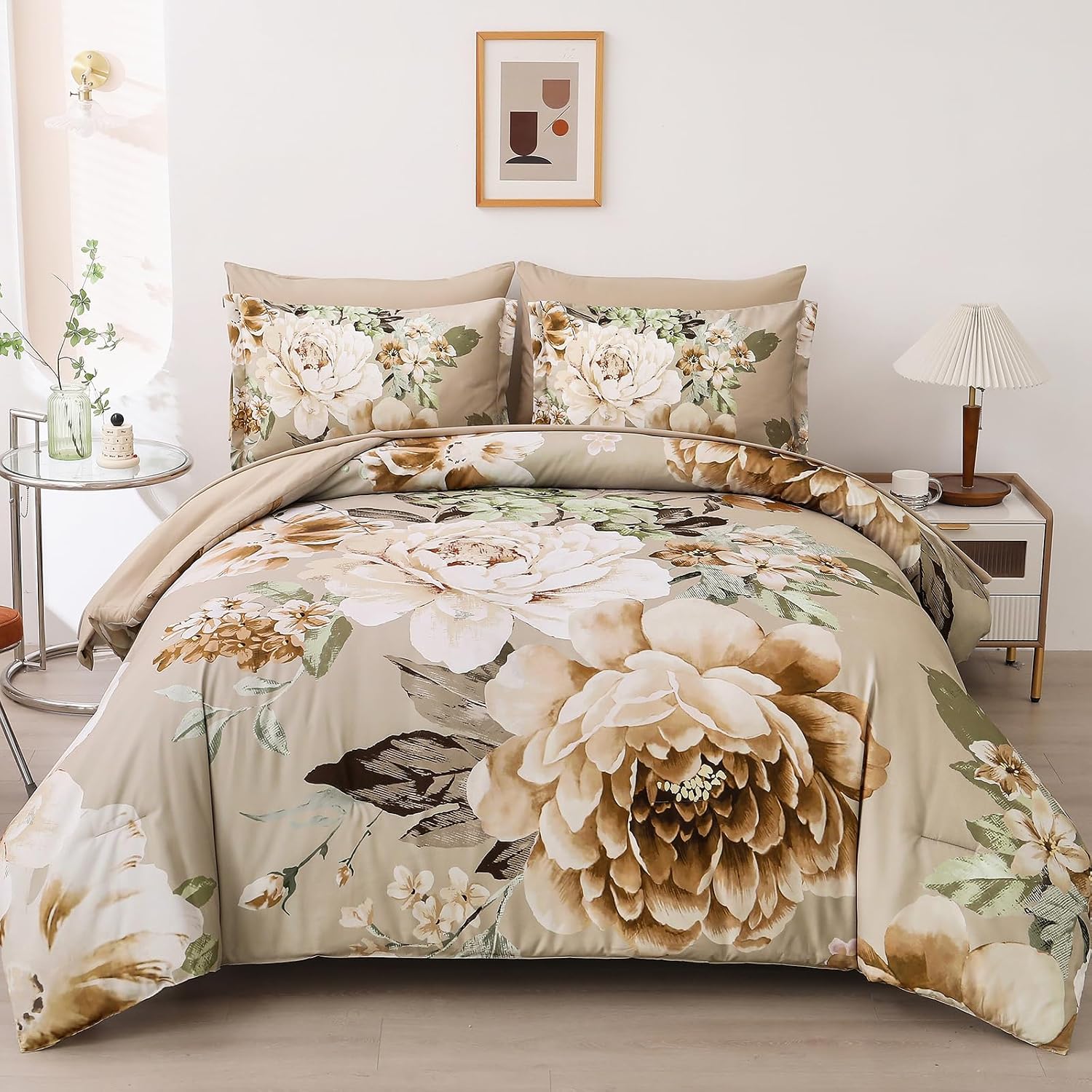 Khaki Floral 7-Piece Queen Bed in a Bag Comforter Set