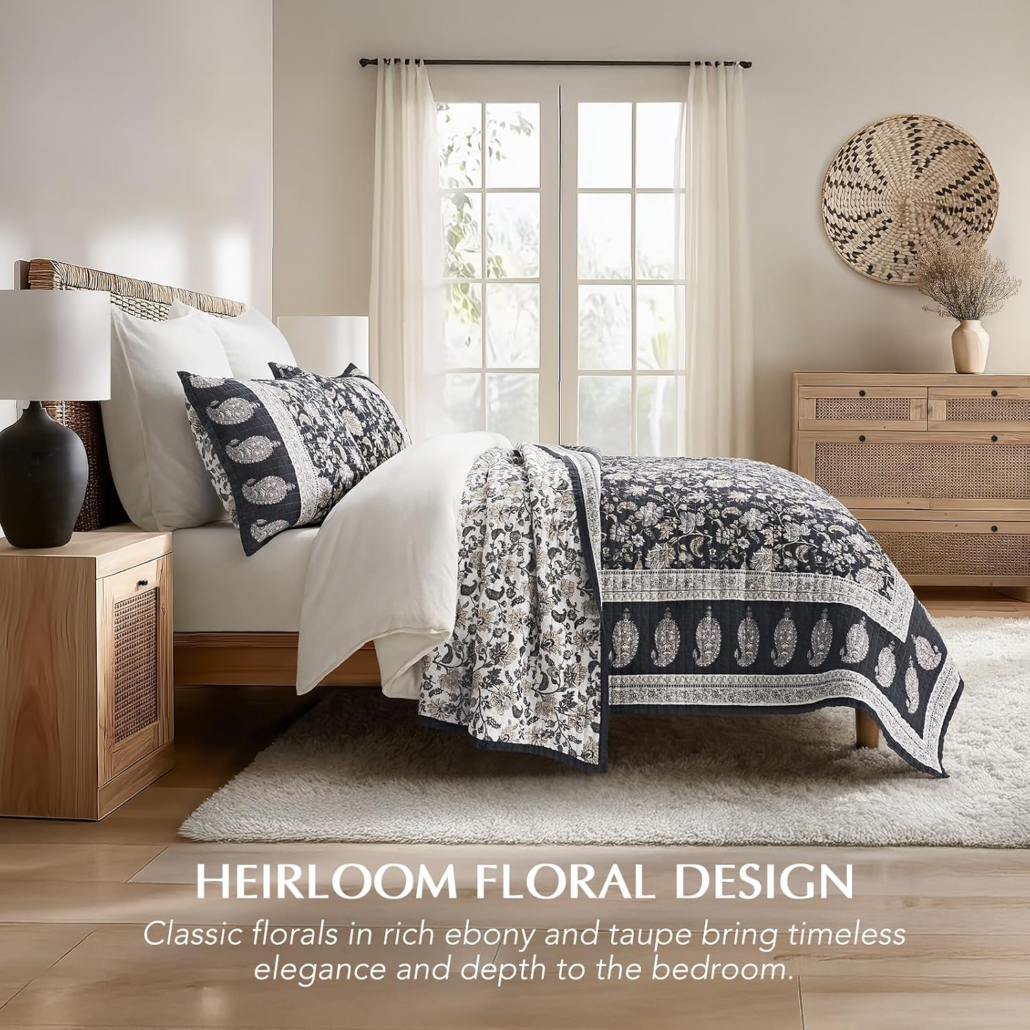 Charcoal Floral Queen Cotton Quilt Set
