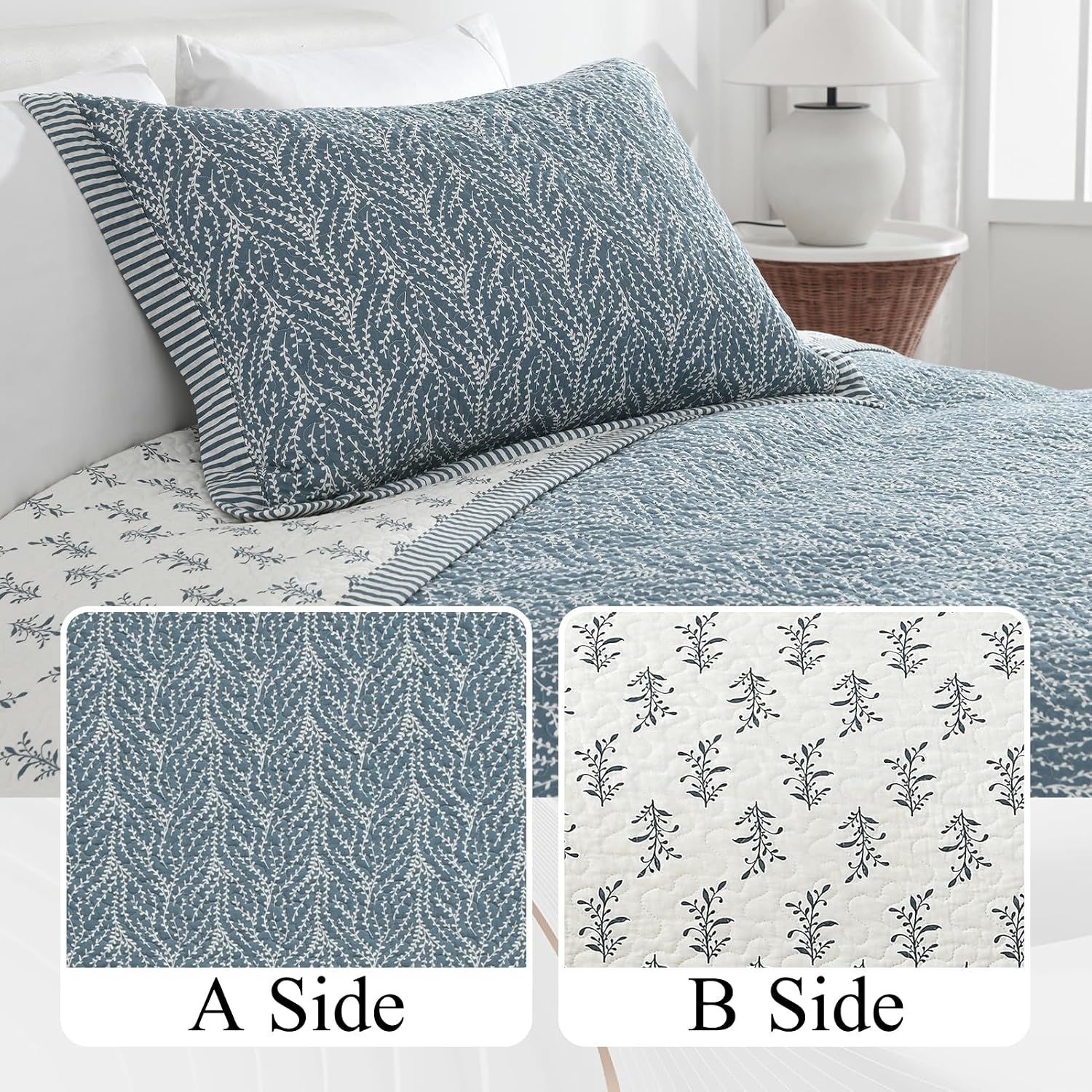 White Gray-Blue Botanical King Cotton Quilt Set