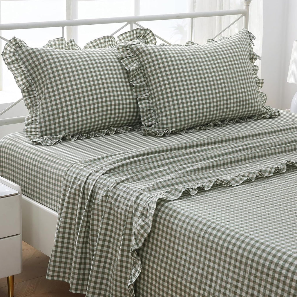 Sage Green White Gingham Ruffled Full Cotton Sheet Set 4-Piece