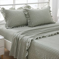Sage Green White Gingham Ruffled Full Cotton Sheet Set 4-Piece
