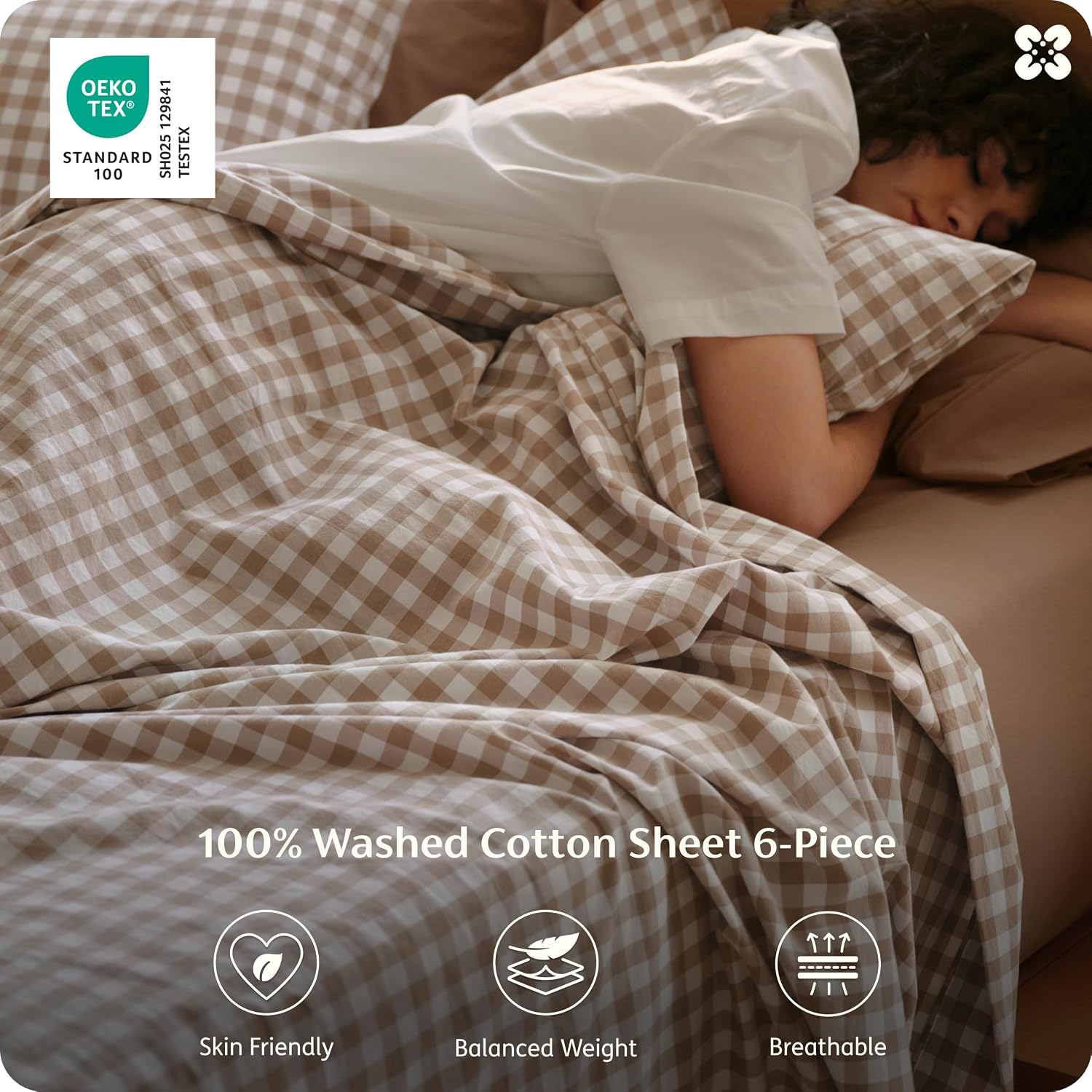 Brown Gingham Queen 6-Piece Sheet Set