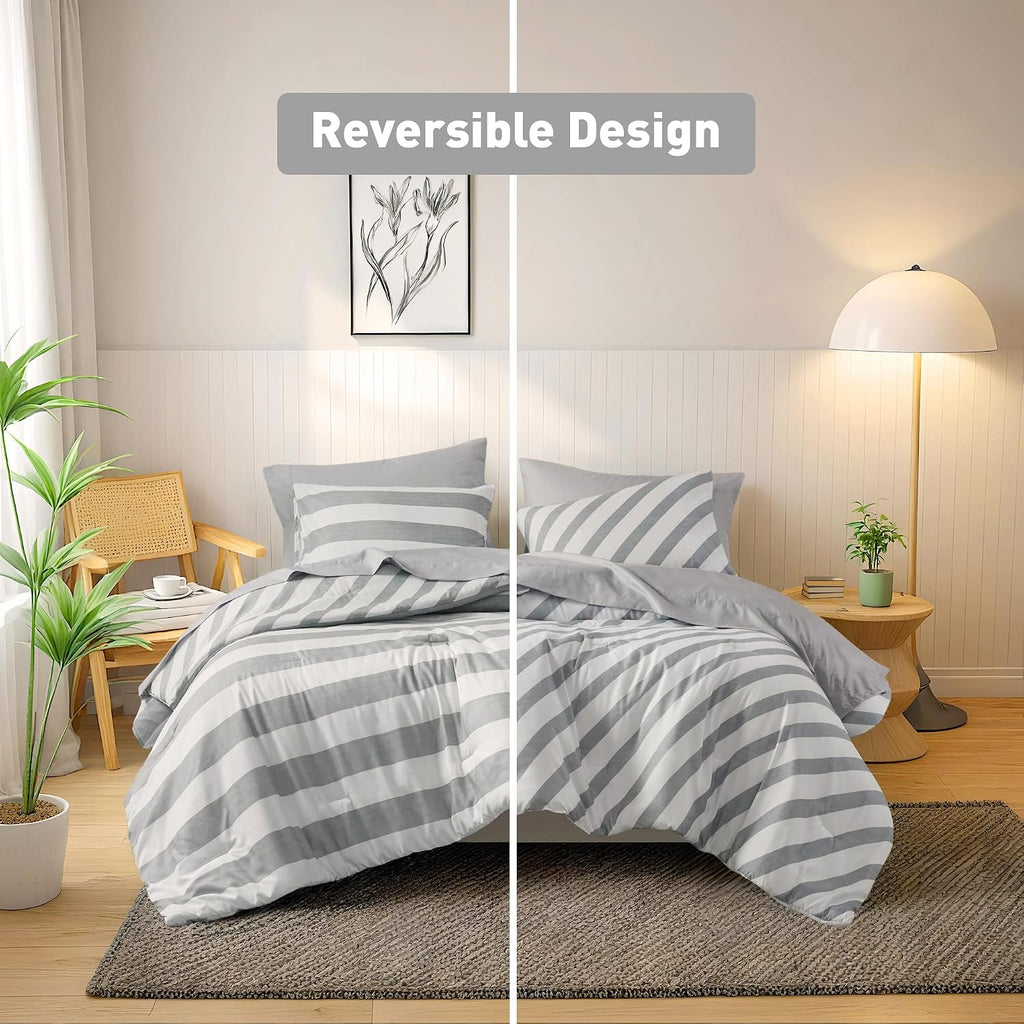 Grey Double-Sided Striped 7-Piece Queen Bed in a Bag Comforter Set