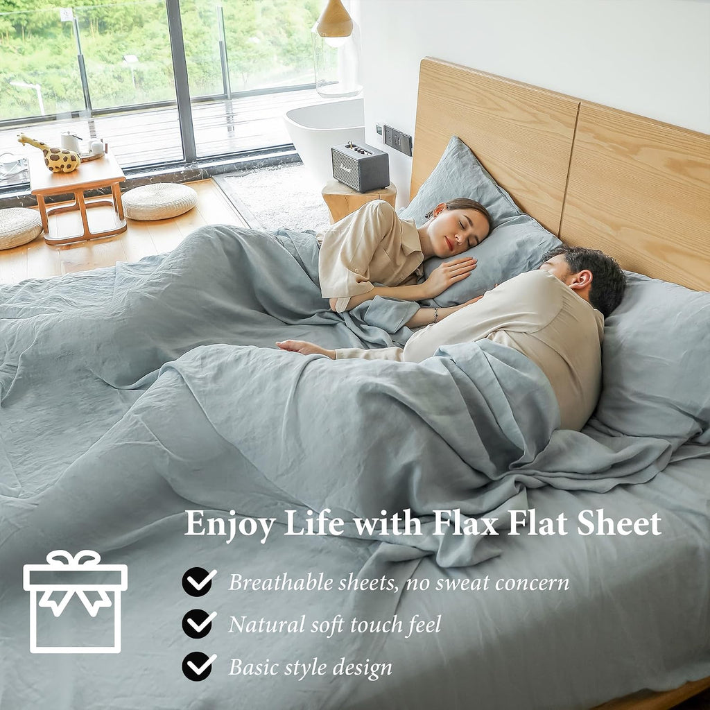 Dusty Blue French Linen Queen Flat Sheet