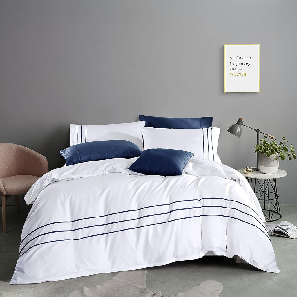 White Navy Stripe Cotton Sateen Full Duvet Set