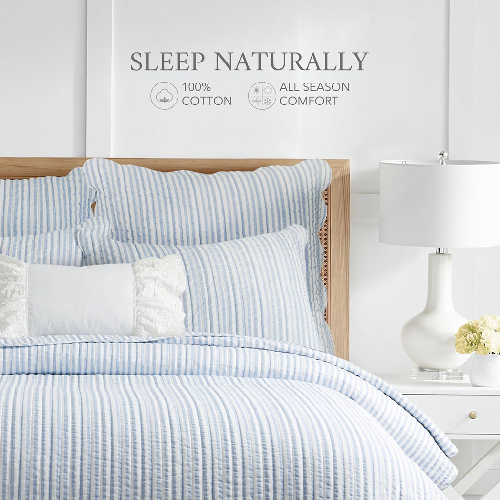 Blue White Stripe Cotton Queen Quilt Set