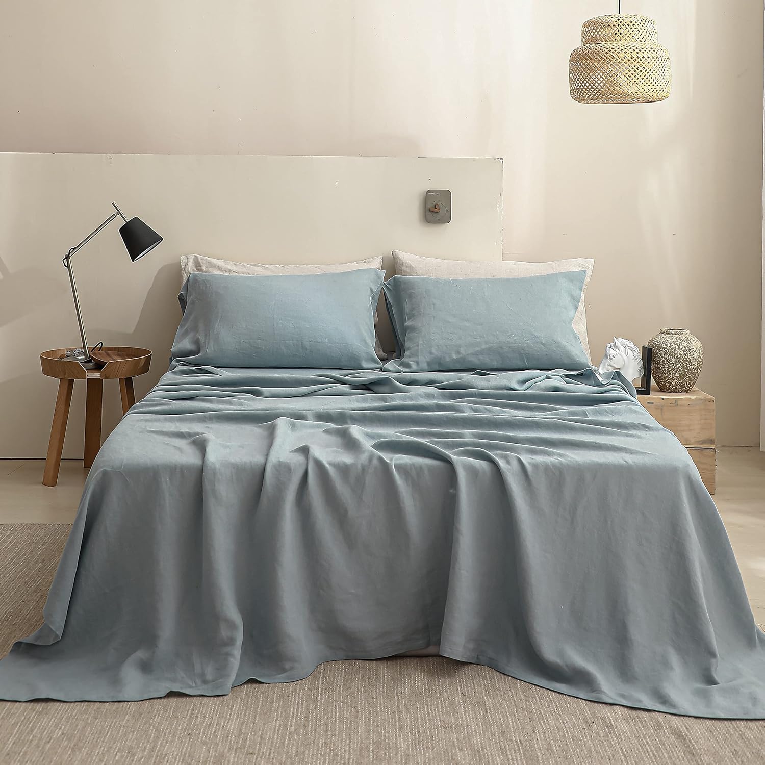 Dusty Blue French Linen Queen Flat Sheet