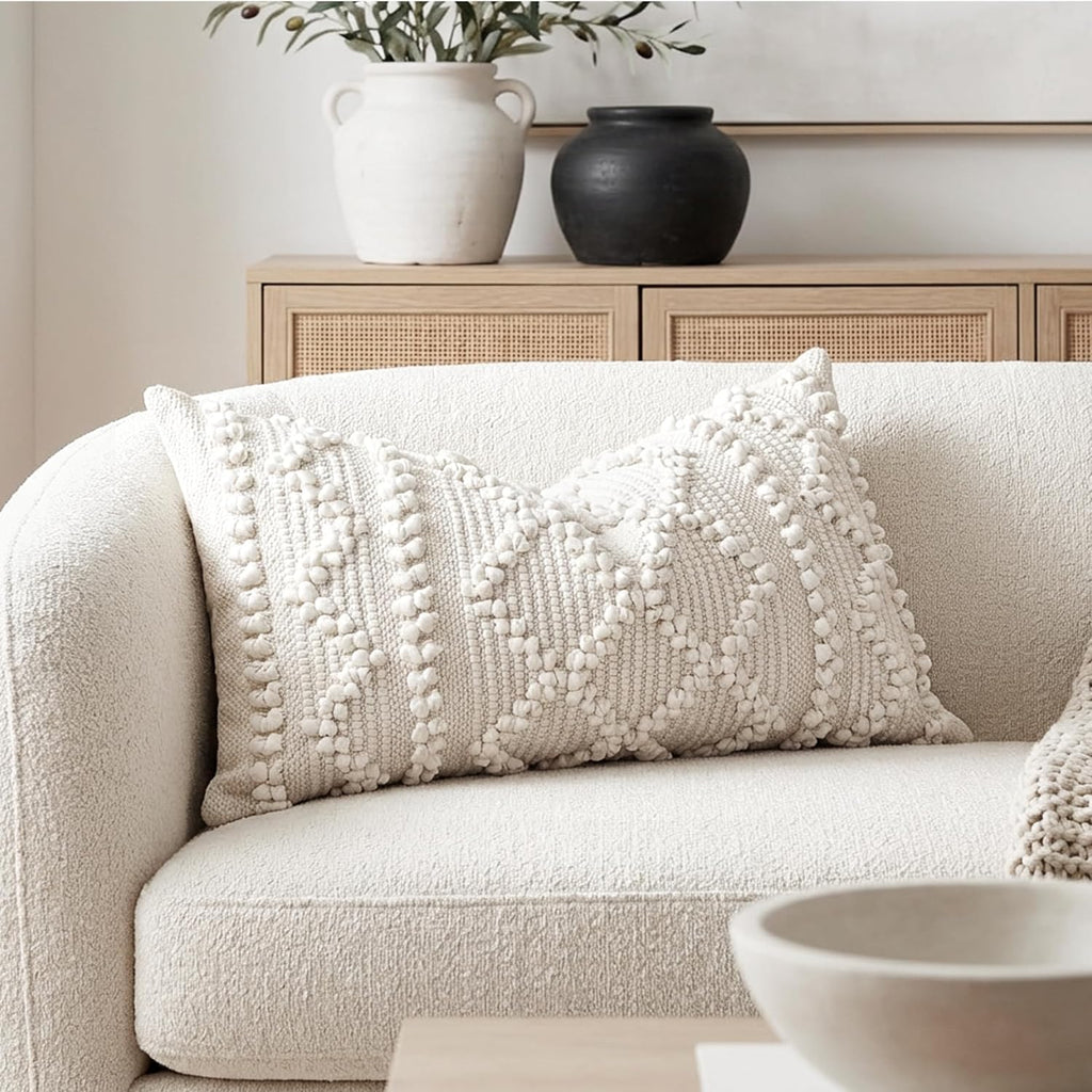 White Textured Boho Lumbar Pillow Cover 14x24