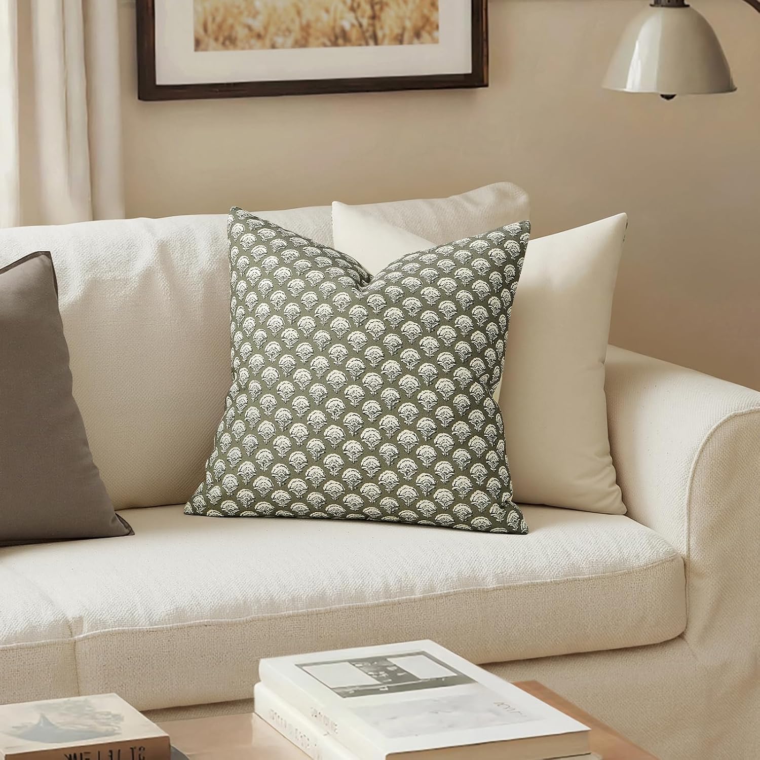 Sage Green Block Print Floral Euro Pillow Shams Set of 2