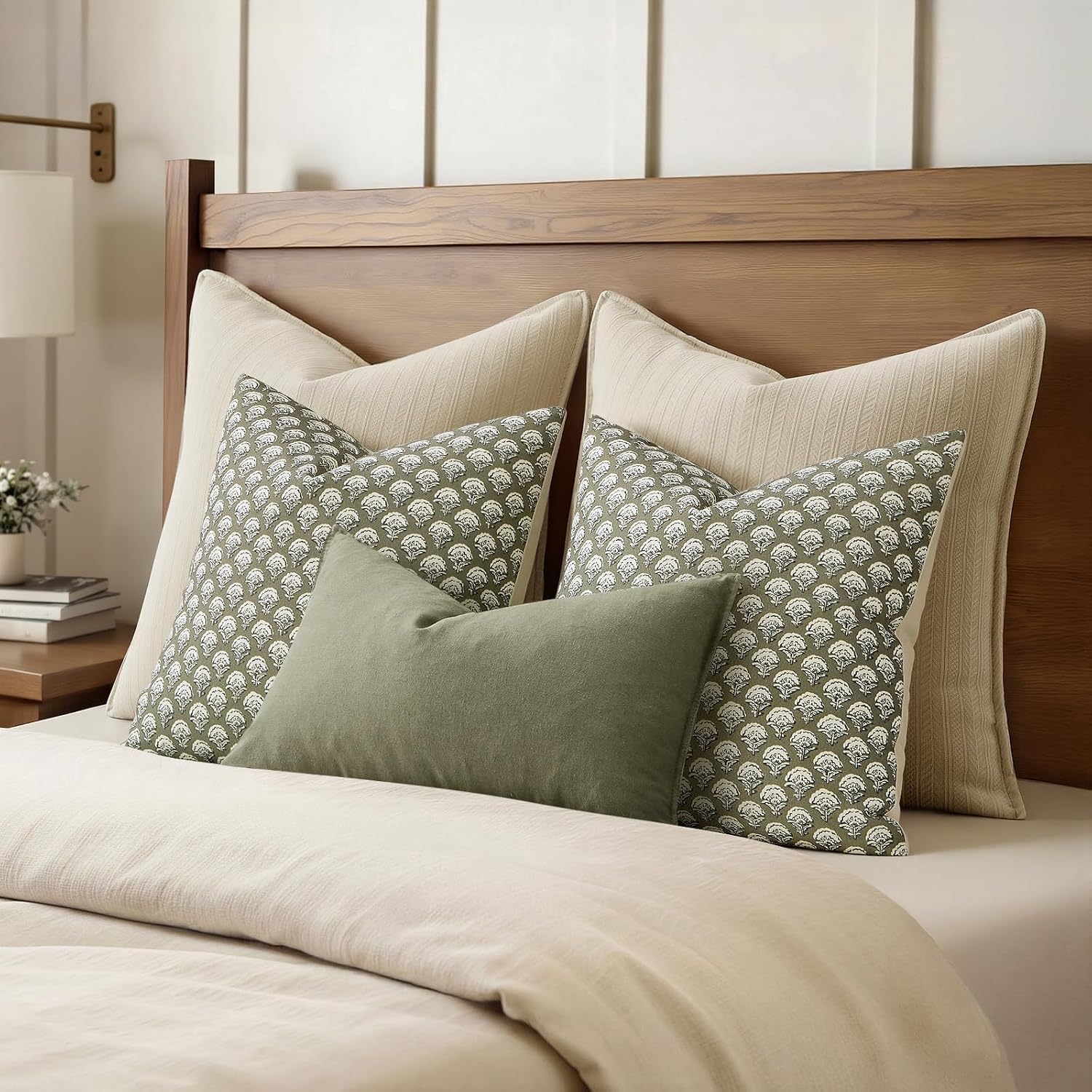 Sage Green Block Print Floral Euro Pillow Shams Set of 2