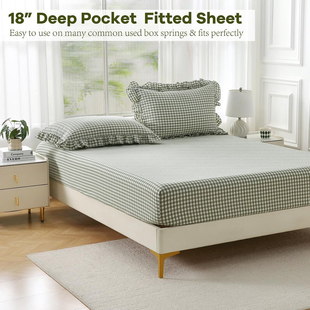 Sage Green White Gingham Ruffled Full Cotton Sheet Set 4-Piece