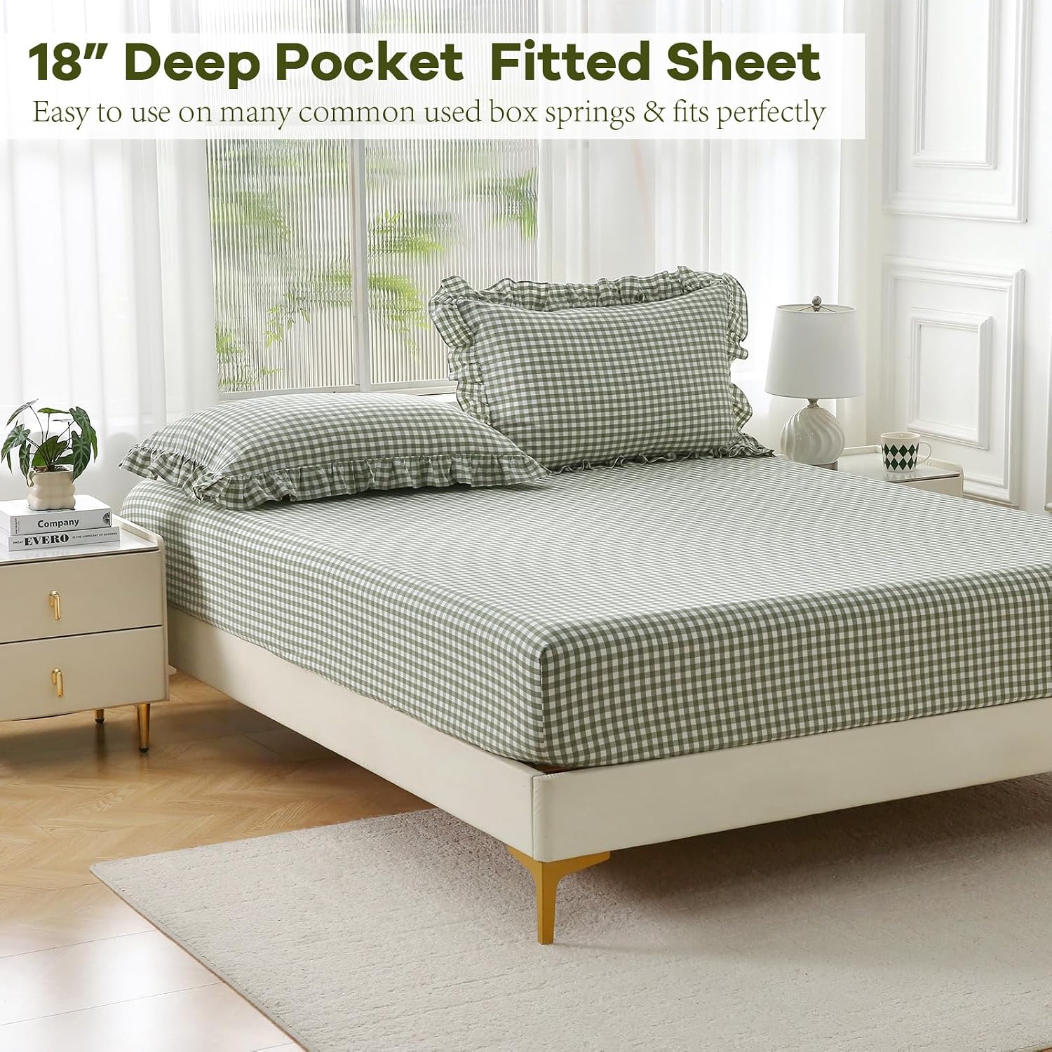 Sage Green White Gingham Ruffled Full Cotton Sheet Set 4-Piece