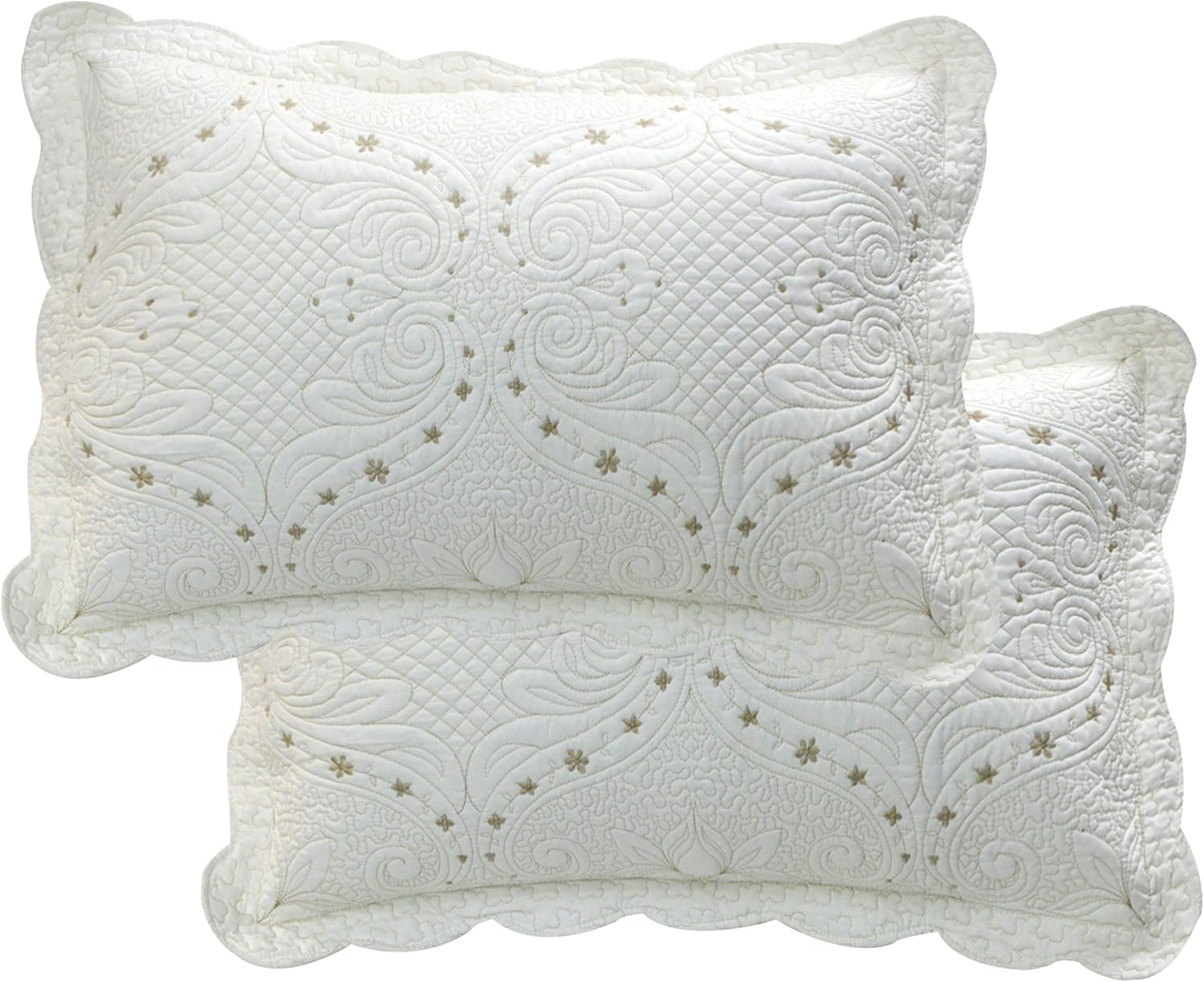 Cream White Vintage Embroidered Quilted Standard Pillow Shams Set of 2