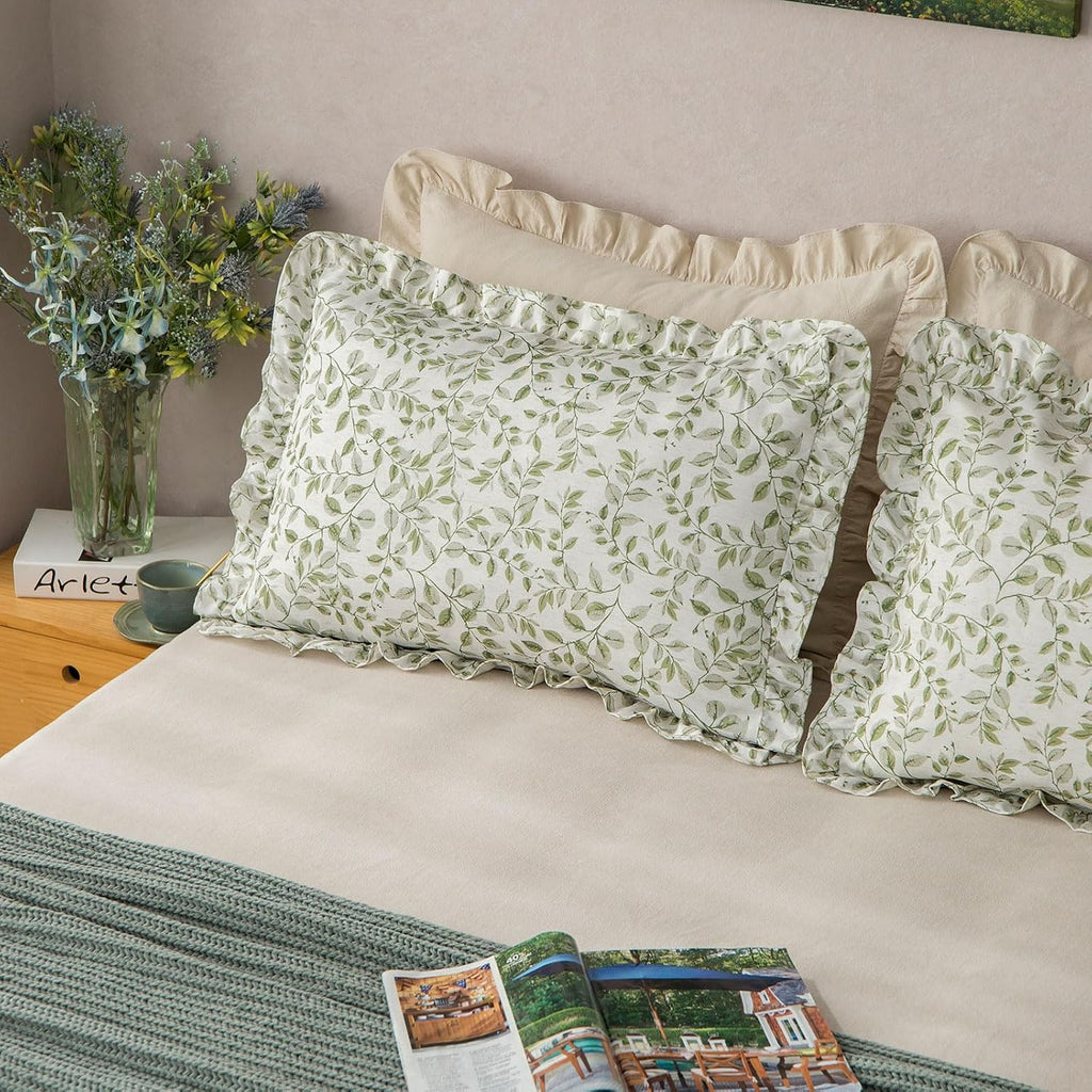 Olive Green Ruffled Leaf Print Linen Pillow Shams Set