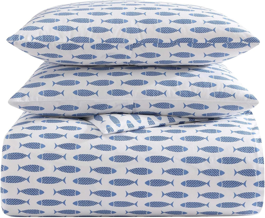 Blue Woodblock Fish Queen Duvet Set