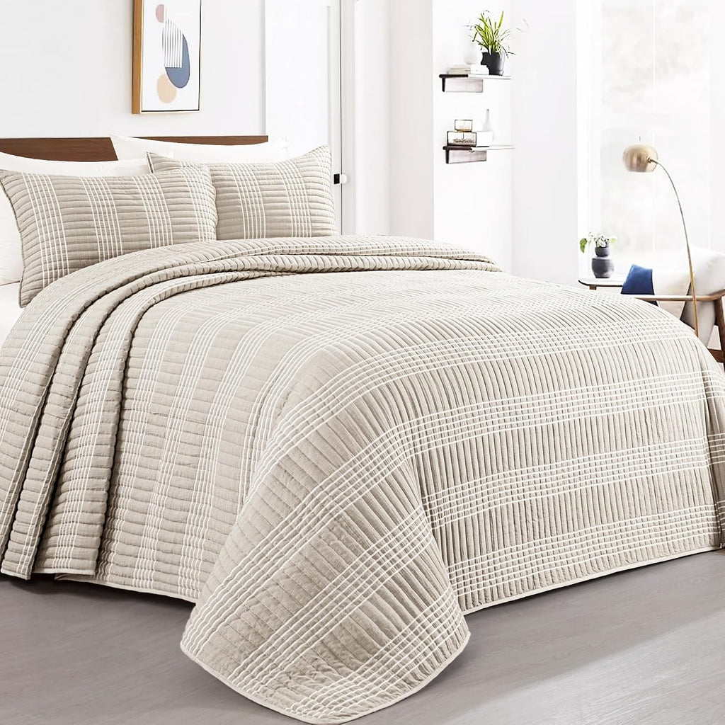 Beige Plaid King Quilt Bedding Set