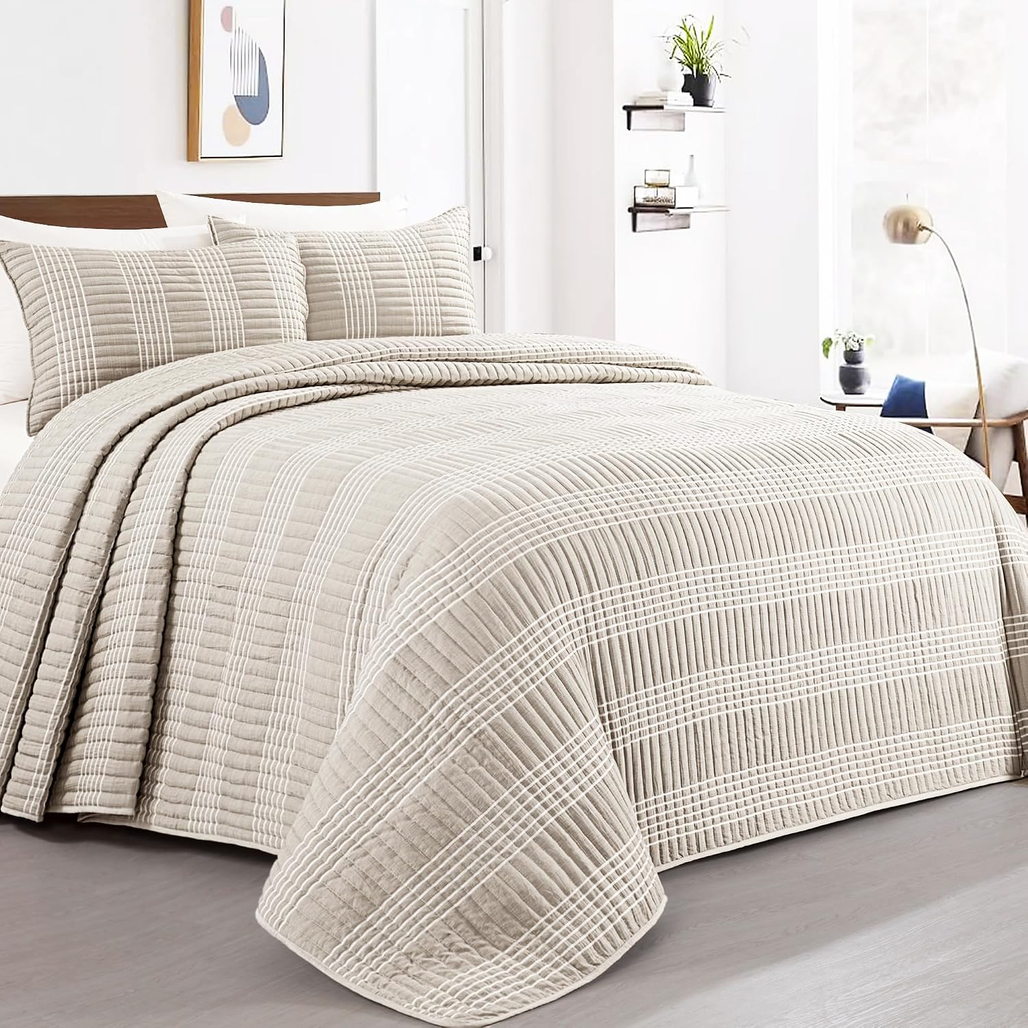Beige Plaid King Quilt Bedding Set