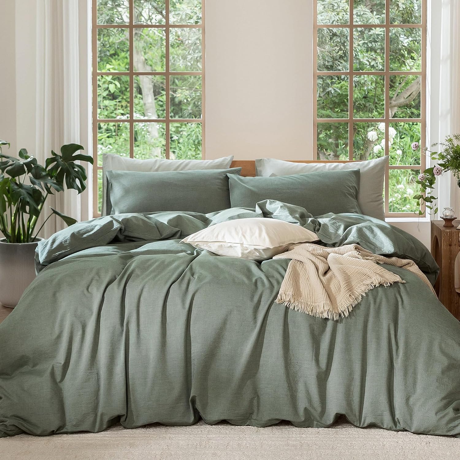 Heathered Green Washed Cotton King Duvet Set