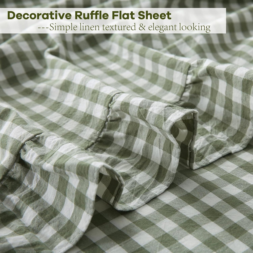 Sage Green White Gingham Ruffled Full Cotton Sheet Set 4-Piece