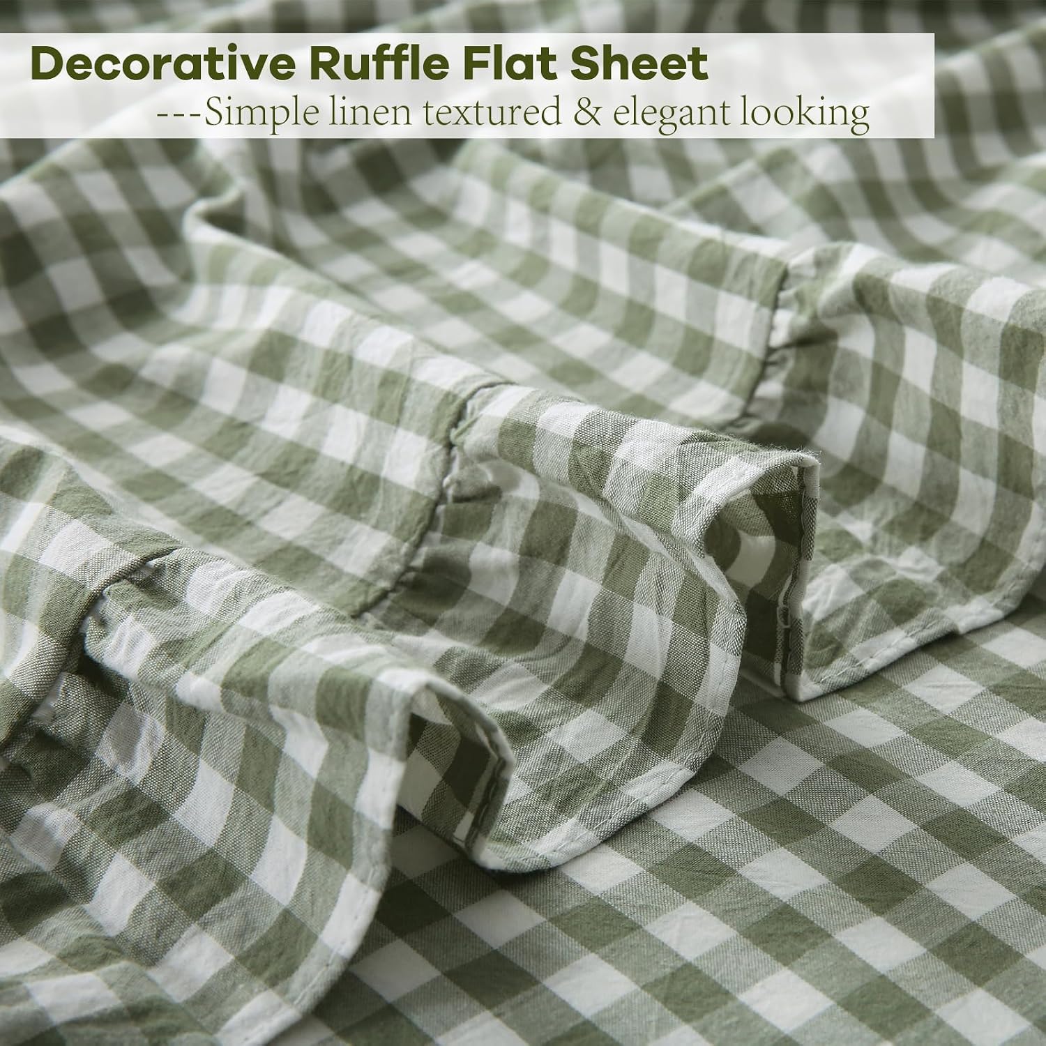 Sage Green White Gingham Ruffled Full Cotton Sheet Set 4-Piece