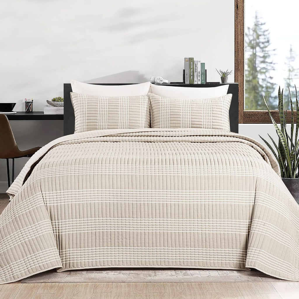 Beige Plaid King Quilt Bedding Set